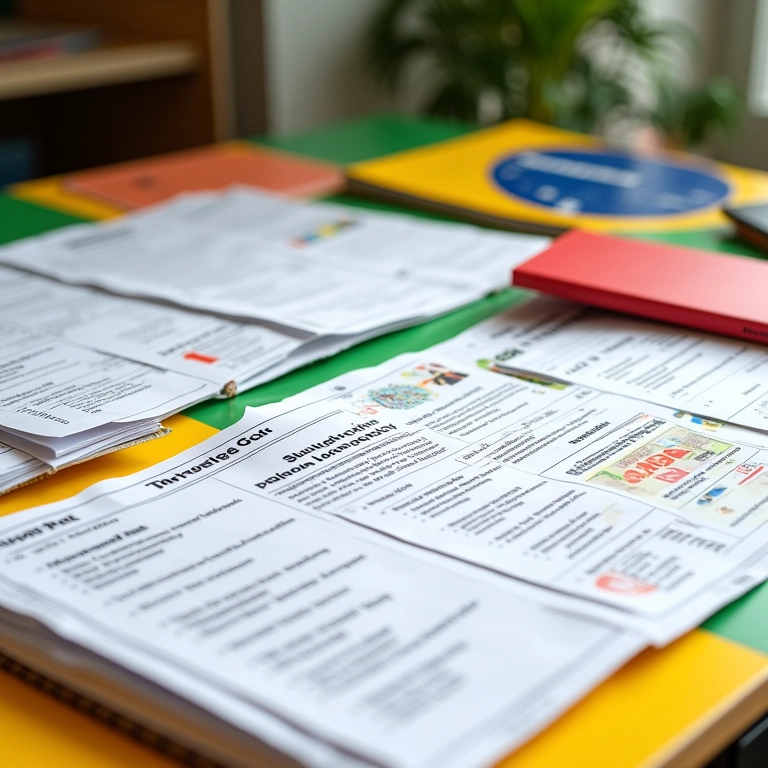 Planos de aula e atividades em uma mesa colorida com design brasileiro.