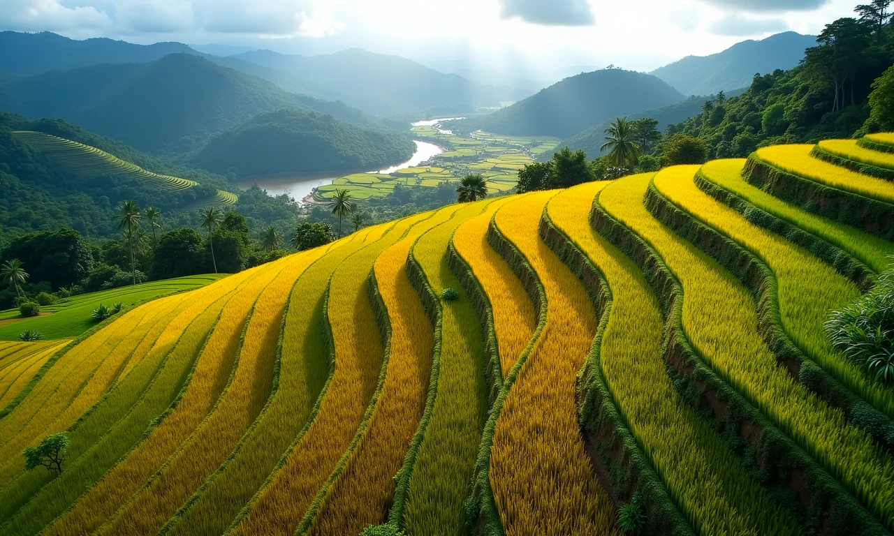 Plantação de arroz em terraços no Brasil, ilustrando influência do clima na agricultura.
