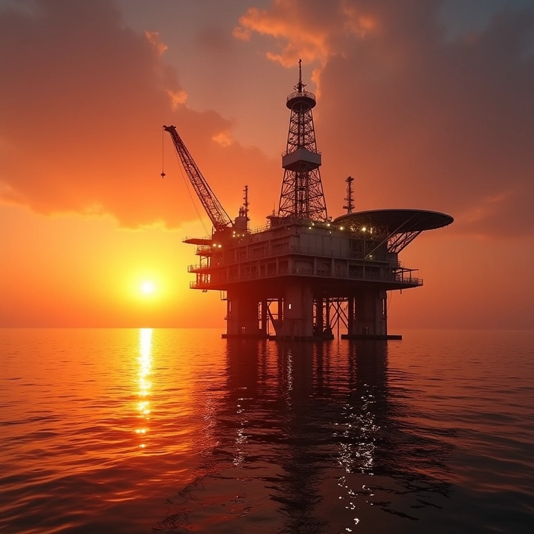 Plataforma de petróleo ao pôr do sol, mostrando a extração de combustível fóssil.