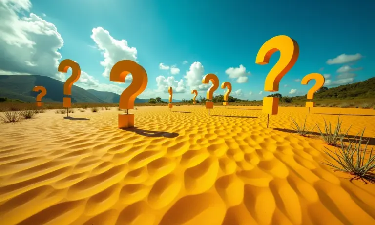 Pontos de interrogação, exclamação e finais espalhados em paisagem brasileira, representando dúvidas e decisões.