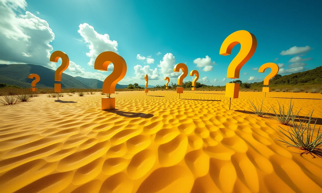 Pontos de interrogação, exclamação e finais espalhados em paisagem brasileira, representando dúvidas e decisões.