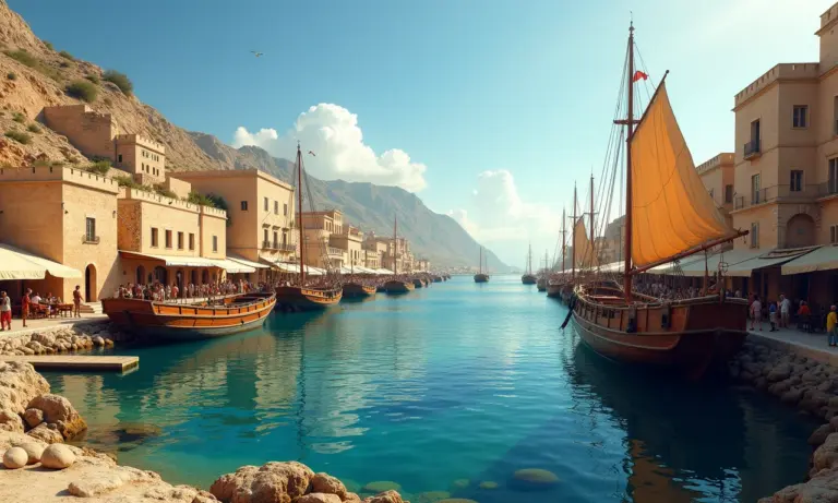 Porto fenício antigo com intensa atividade comercial, mostrando navios e escribas registrando transações.