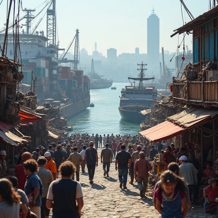 Porto movimentado com navios descarregando mercadorias, representando a expansão do comércio após as Cruzadas.