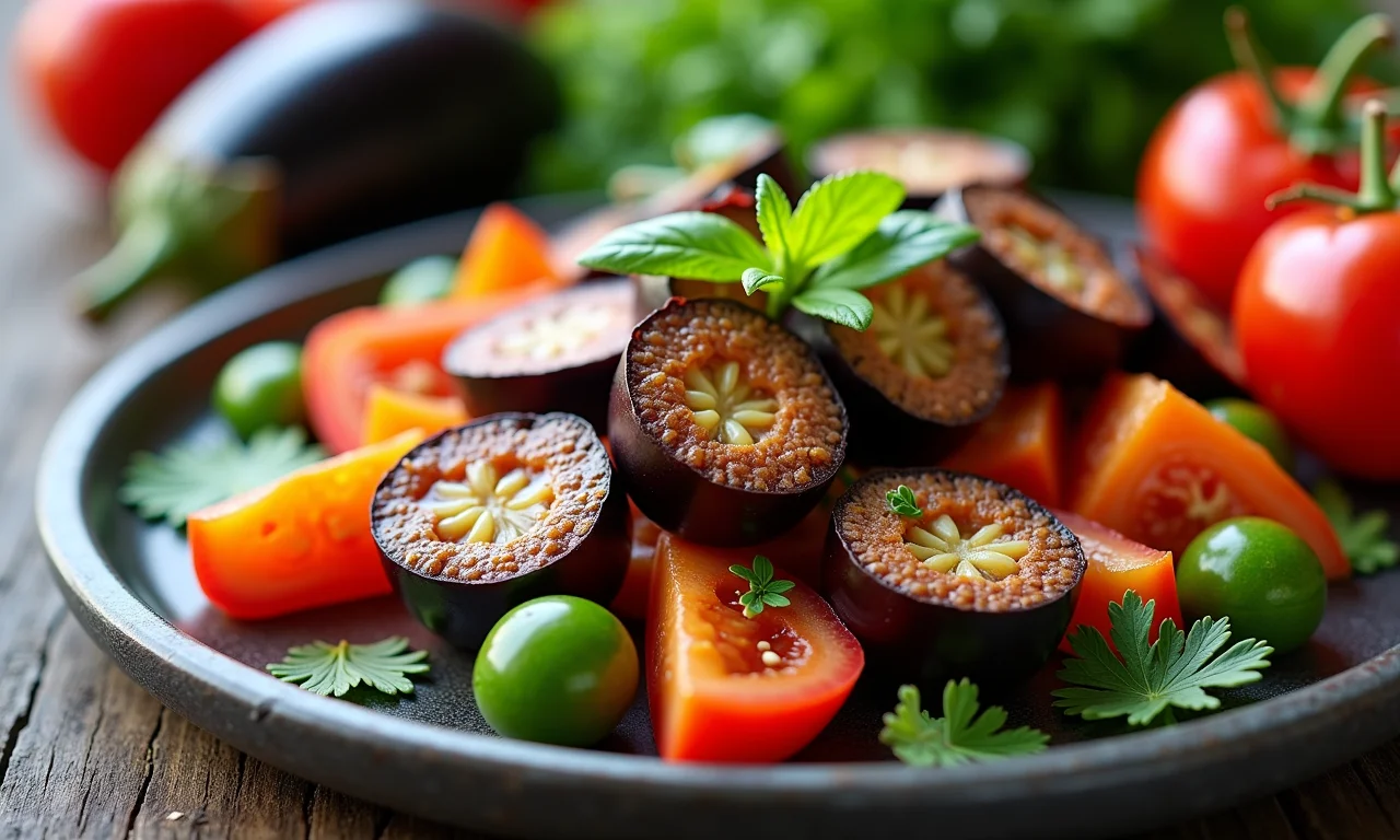 Prato saudável de beringela com vegetais ricos em vitaminas.