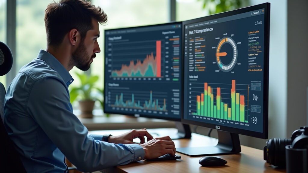 Gestor de tráfego pago analisando dados de campanha em dashboard.