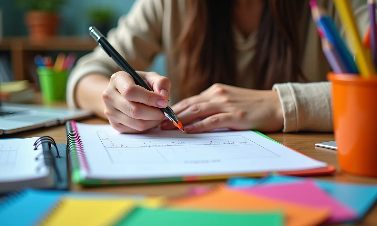 Professora definindo objetivos de aprendizado com materiais coloridos.