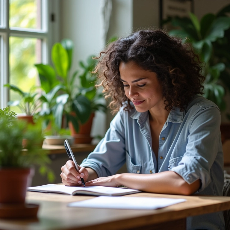 Professora escrevendo sua filosofia de ensino em um escritório iluminado e com plantas.