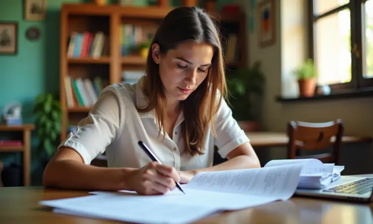 Professora revisando relatórios de alunos em ambiente acolhedor e organizado.