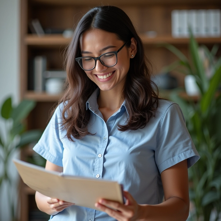 Professora sorrindo e analisando um portfólio organizado, transmitindo paixão pelo ensino.