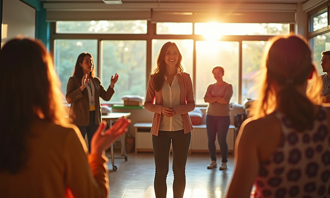 Professores diversos ensinando com gestos e movimentos em sala de aula vibrante.