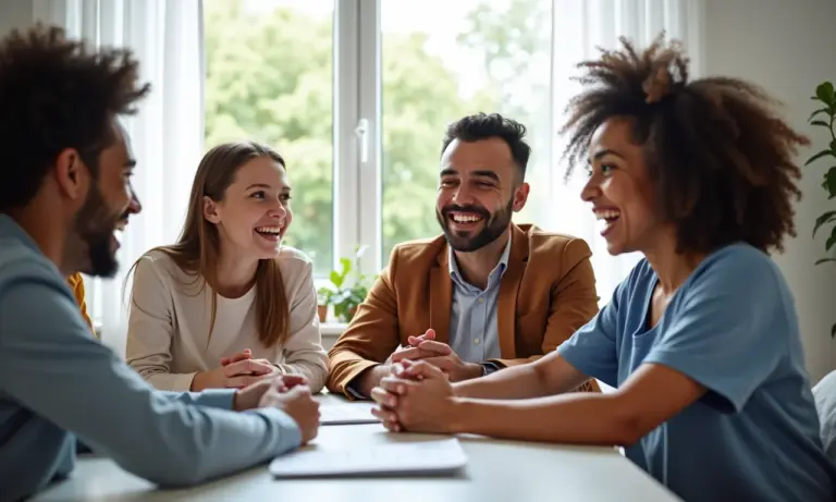Profissionais de fonoaudiologia em clínica moderna e inclusiva, cuidando de pacientes com distúrbios da fala.