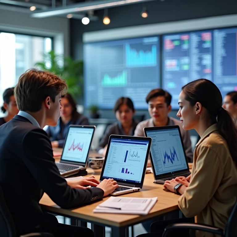 Profissionais diversos analisando dados estatísticos em um ambiente de trabalho moderno.