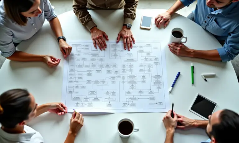 Profissionais diversos colaborando em um fluxograma complexo, representando a Pesquisa Operacional.