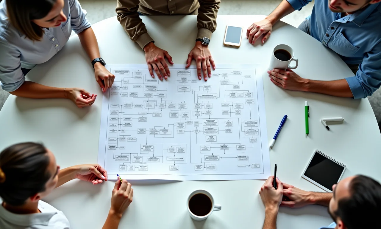 Profissionais diversos colaborando em um fluxograma complexo, representando a Pesquisa Operacional.