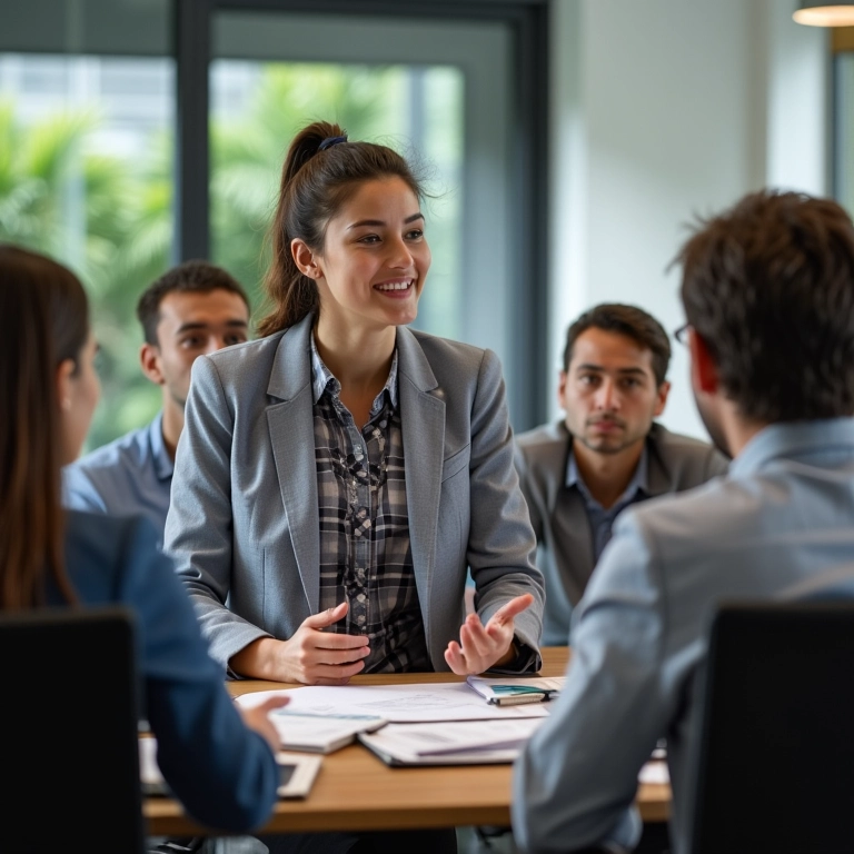Profissional de RH explicando dinâmicas de grupo.