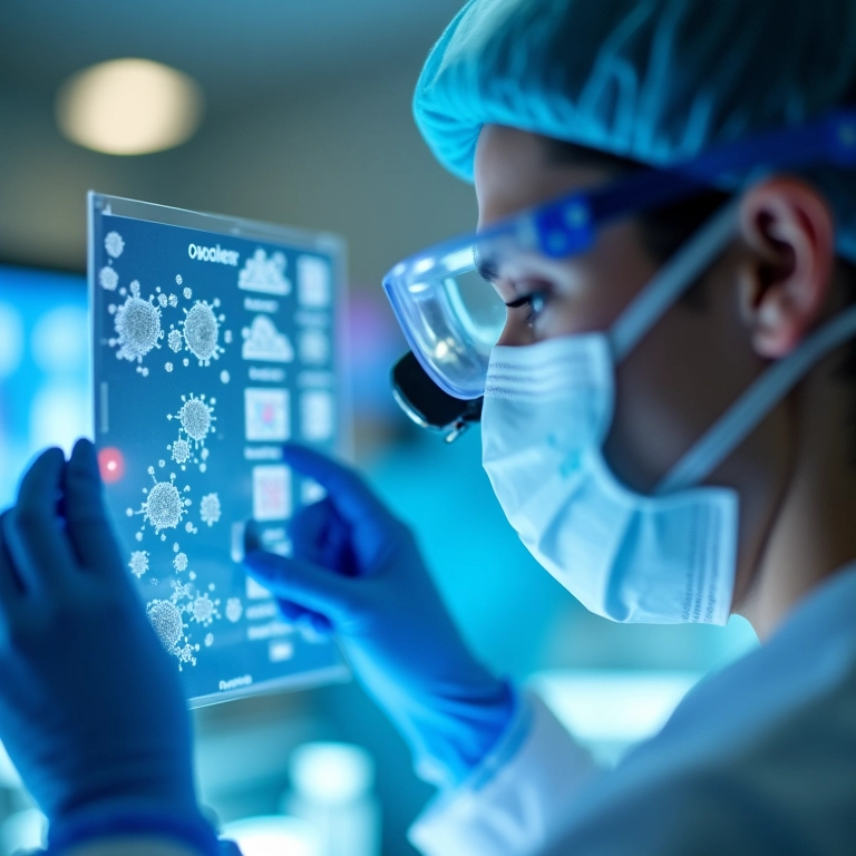 Profissional de saúde analisando sorologias para doenças infecciosas em laboratório.