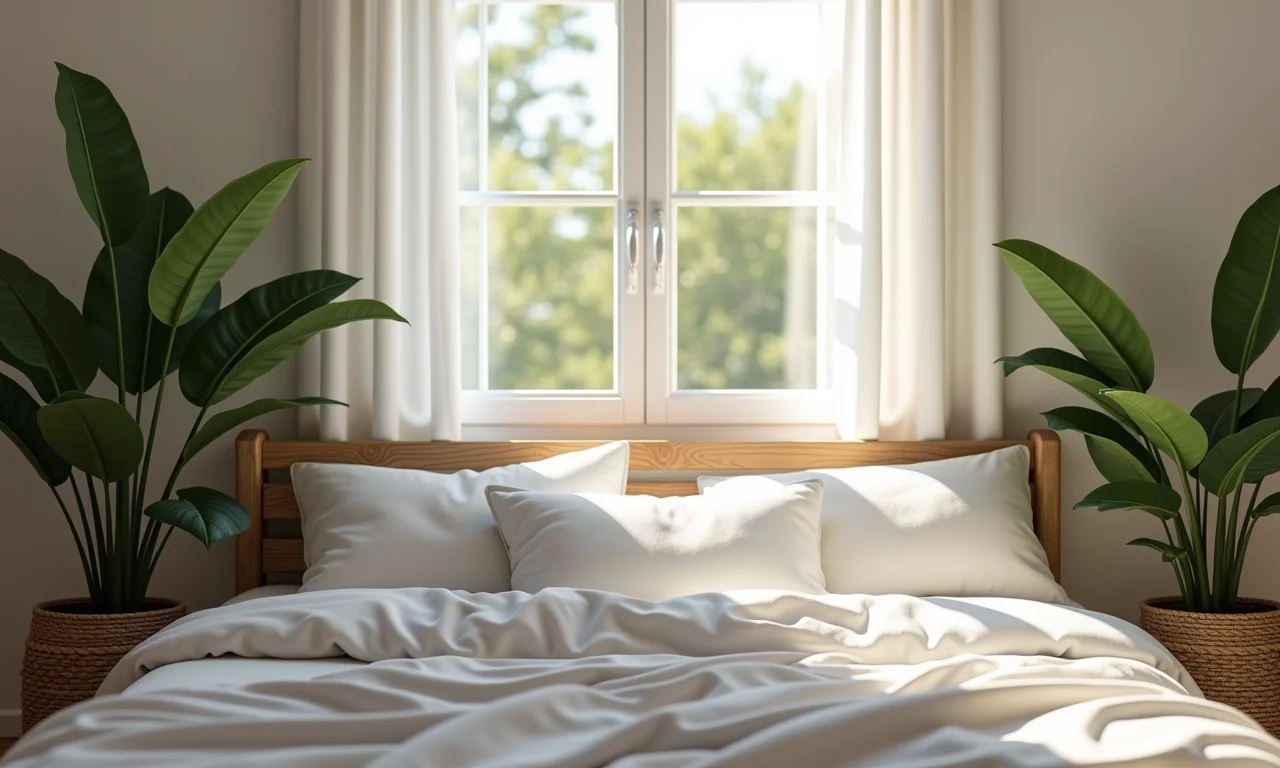 Quarto aconchegante com folhas de louro para relaxamento e sono.