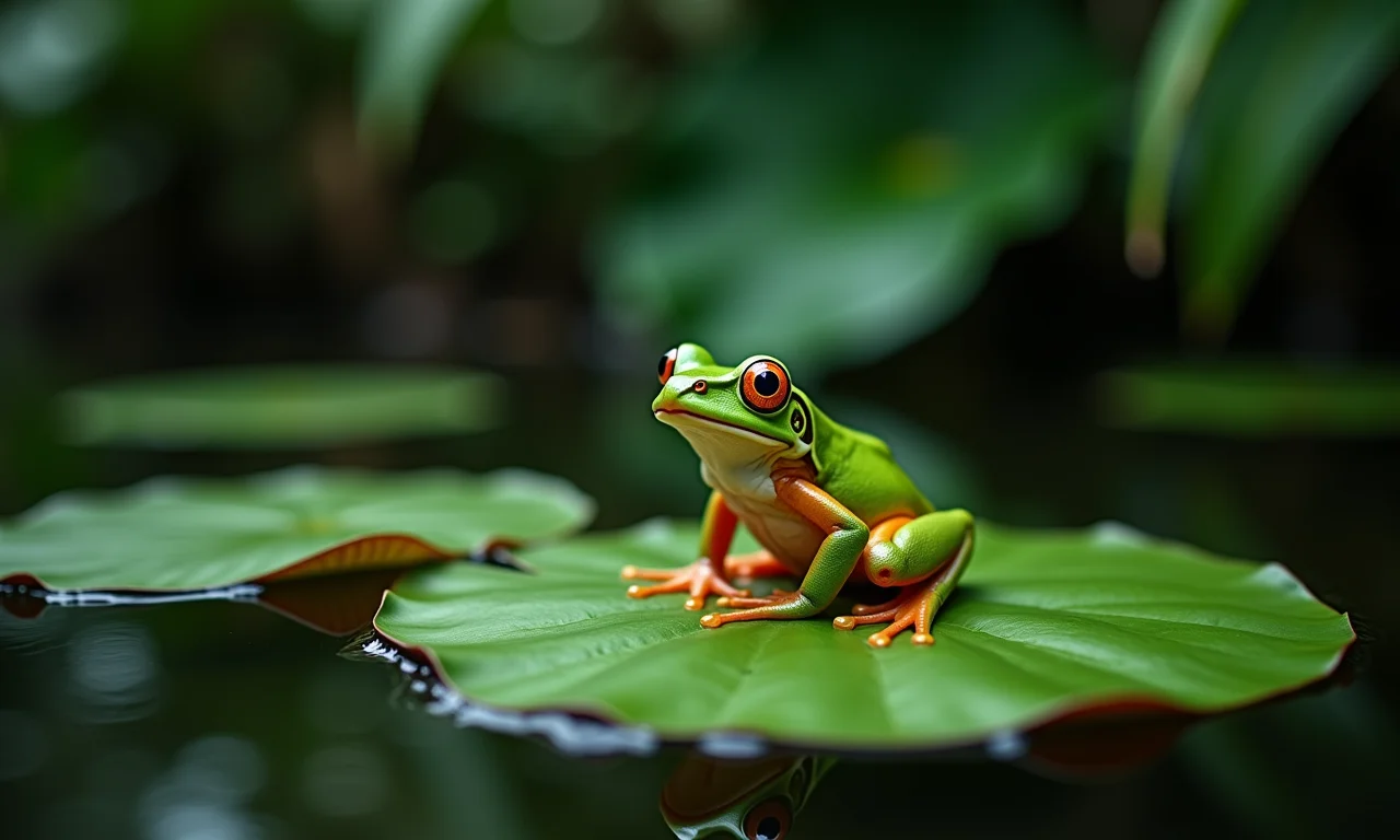 Rã verde repousando sobre uma folha de lírio em um lago na floresta tropical.