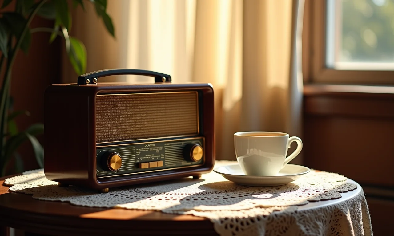 Rádio antigo sobre mesa com café.