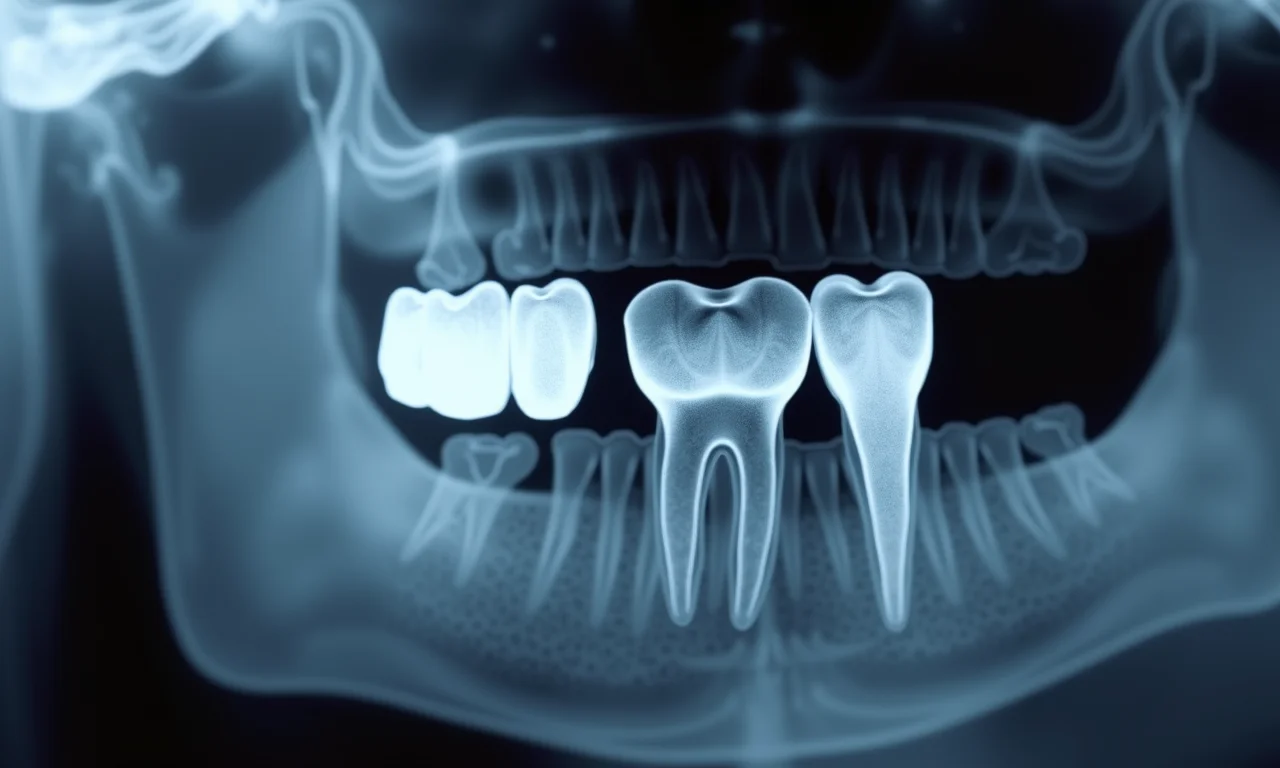 Radiografia mostrando dentes do siso impactados por falta de espaço.