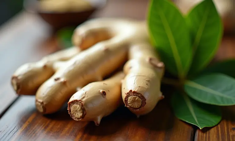 Raiz de gengibre fresca com folhas verdes vibrantes em uma mesa de madeira.