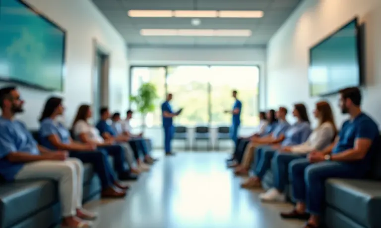 Recepção de clínica credenciada Iamspe com pacientes diversos aguardando atendimento.