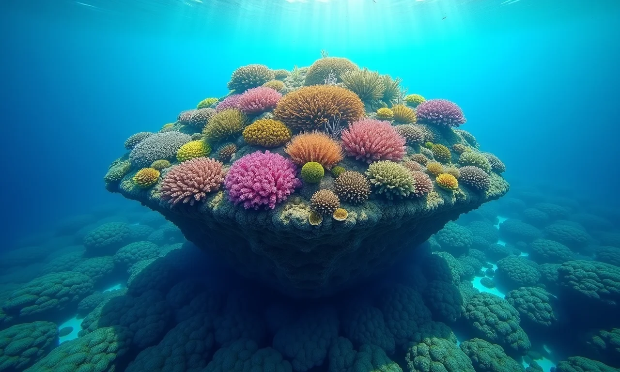 Recife de coral formando uma ilha com vida marinha diversa e cores vibrantes.