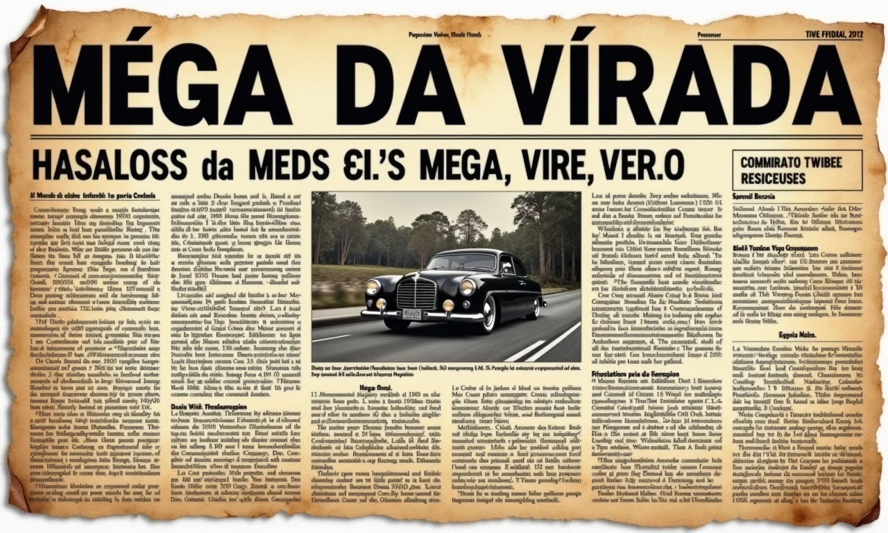 Recorte de jornal antigo sobre a Mega da Virada, com fontes e tons de sépia.