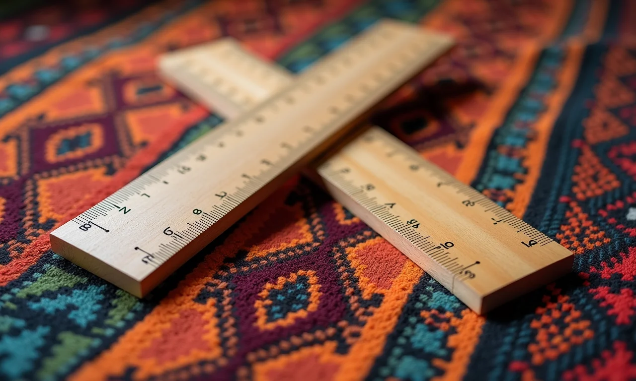 Réguas de madeira paralelas representando paralelogramos sobre tecido artesanal brasileiro.