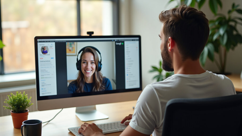 Gestor de tráfego remoto trabalhando em casa, em videochamada.