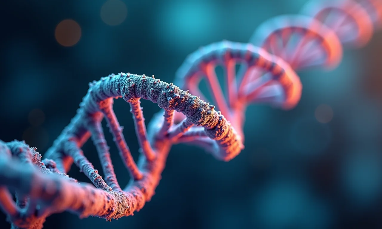 Renderização 3D da estrutura da dupla hélice do DNA em cores vibrantes.