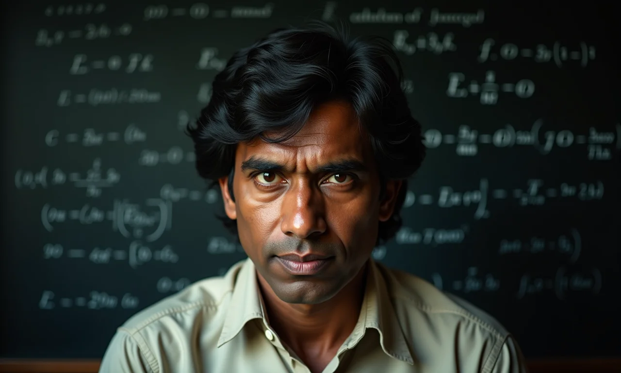 Retrato de Srinivasa Ramanujan, gênio da matemática indiana.