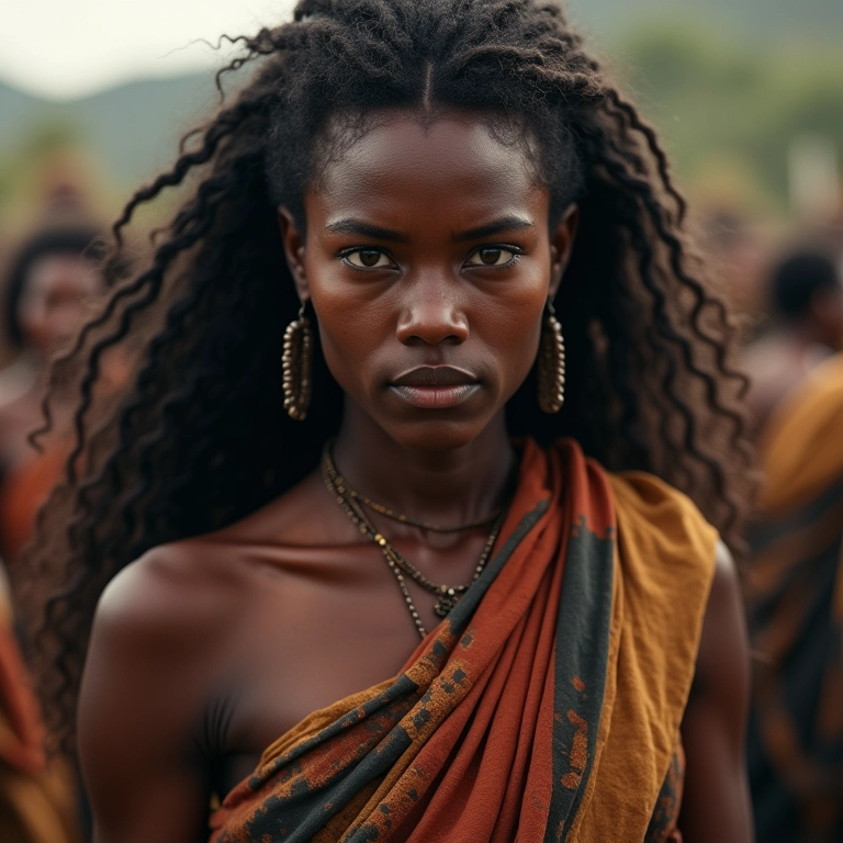 Retrato dramático de Dandara, guerreira afro-brasileira, força e liderança.
