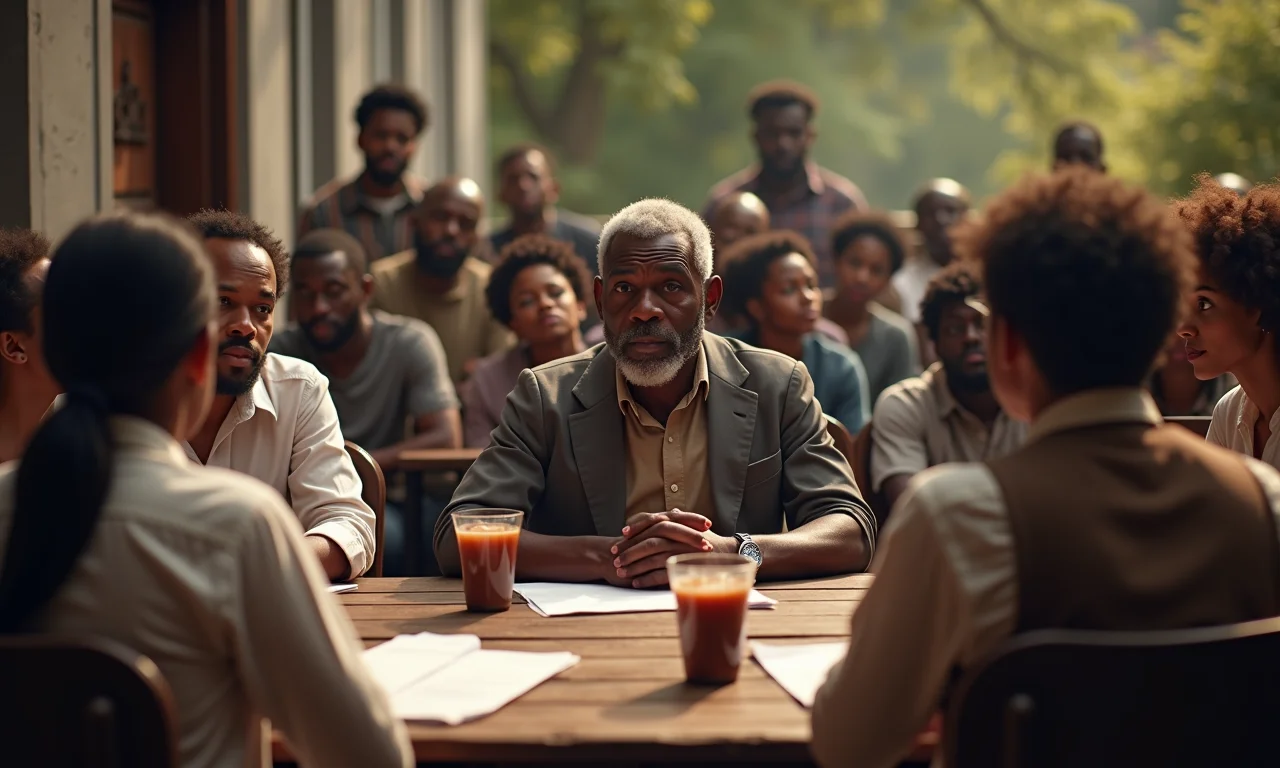 Reunião abolicionista com diversos participantes lutando pelo fim da escravidão.