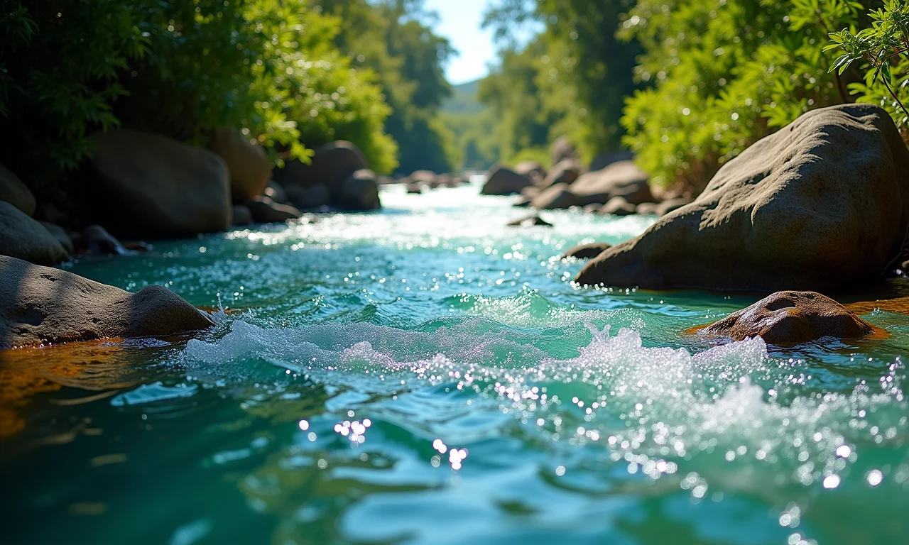 Rio de água cristalina serpenteando pela paisagem brasileira, essencial para a vida.