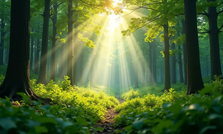 Riqueza natural da Terra: floresta exuberante com luz solar filtrada.