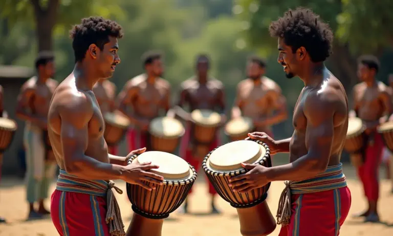 Roda de capoeira com diversos capoeiristas tocando berimbaus e praticando movimentos.