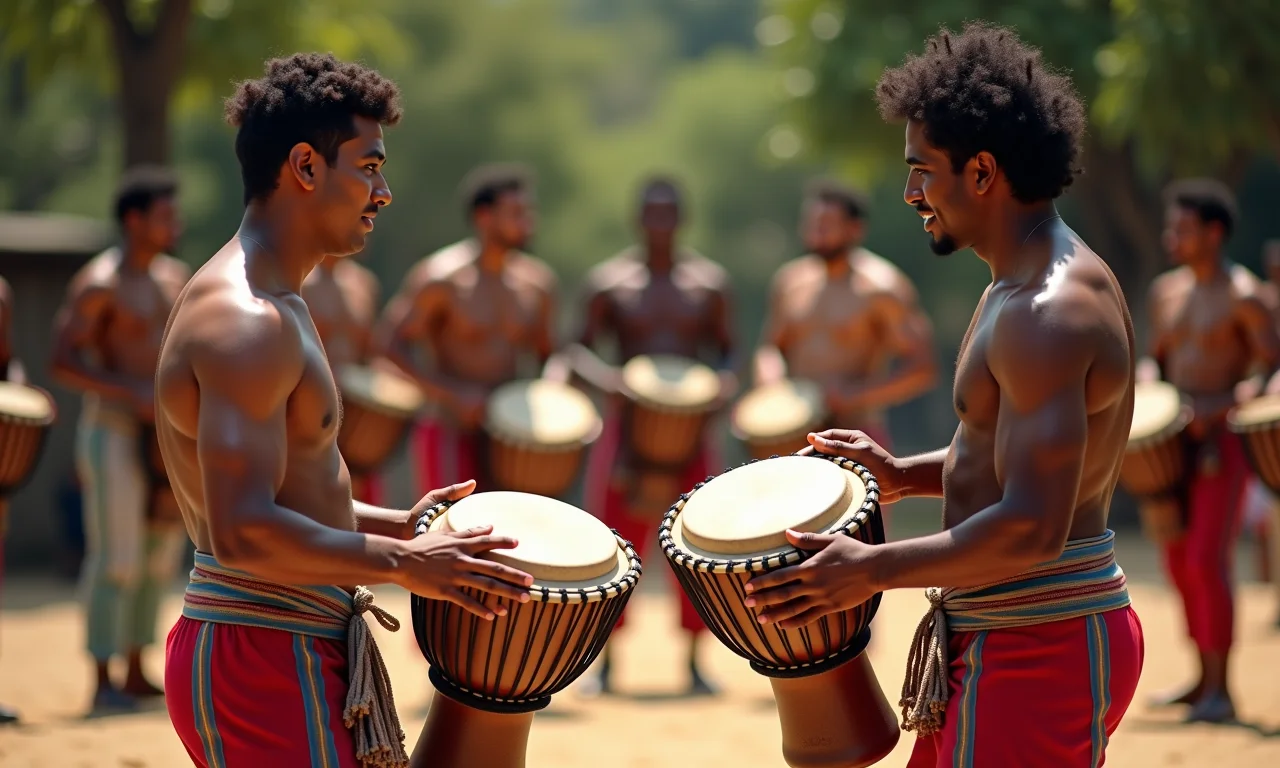 Roda de capoeira com diversos capoeiristas tocando berimbaus e praticando movimentos.