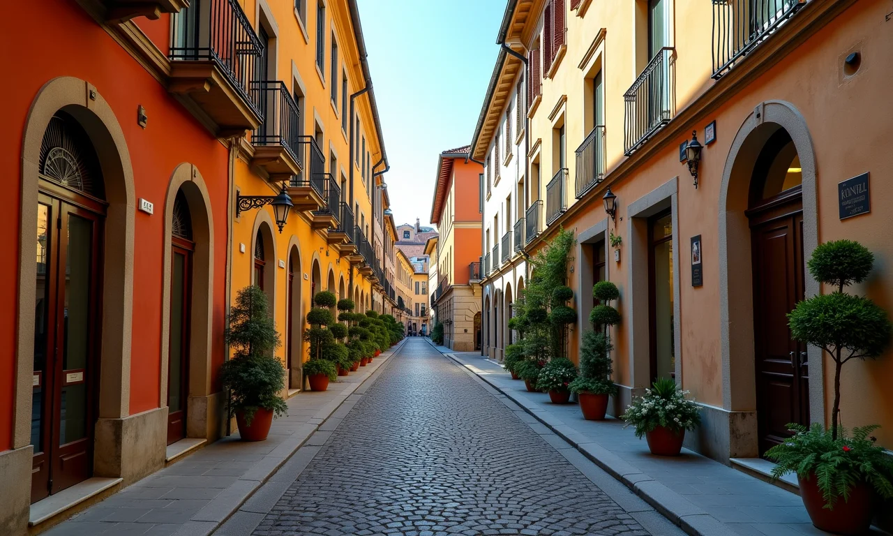 Rua de paralelepípedos em cidade histórica europeia.