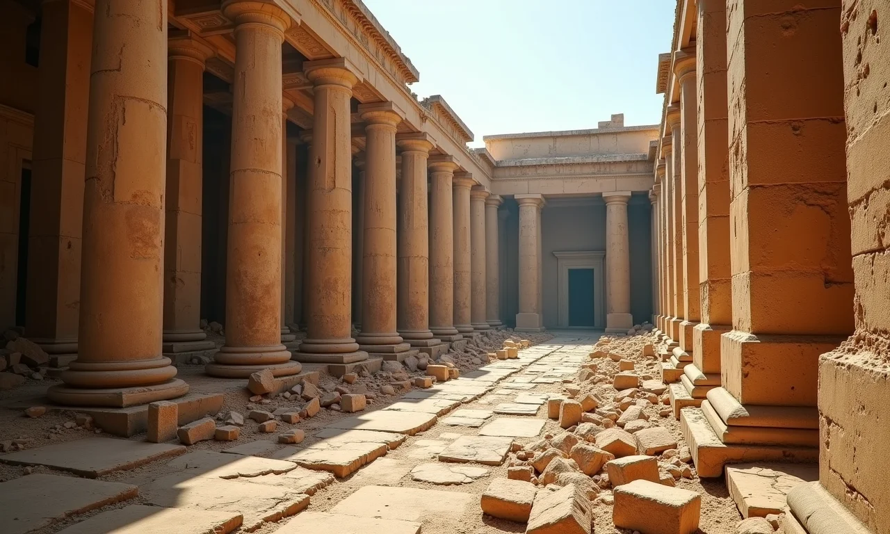 Ruínas da Biblioteca de Alexandria ao longo dos séculos, simbolizando a destruição gradual.