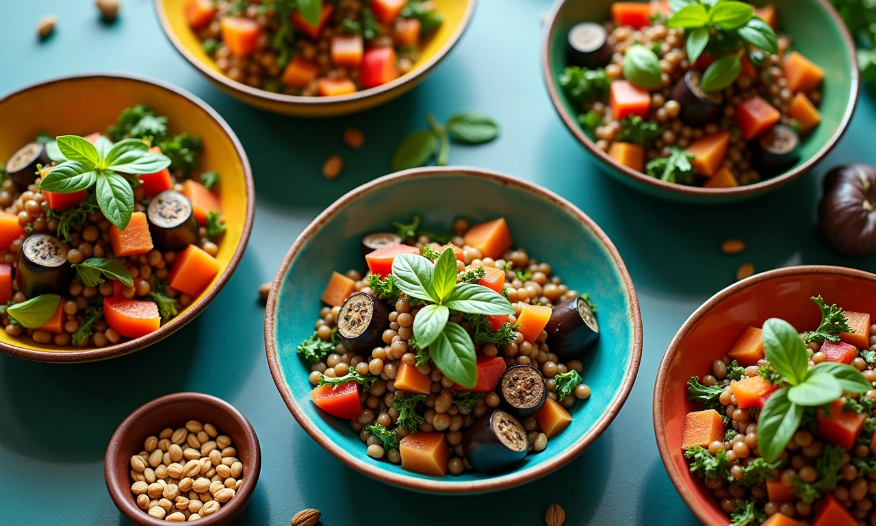 Salada de beringela colorida com vegetais e castanhas.