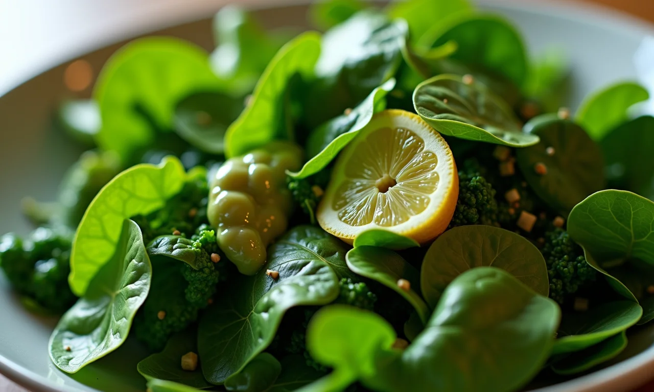 Salada verde-escura, rica em ferro e nutrientes.