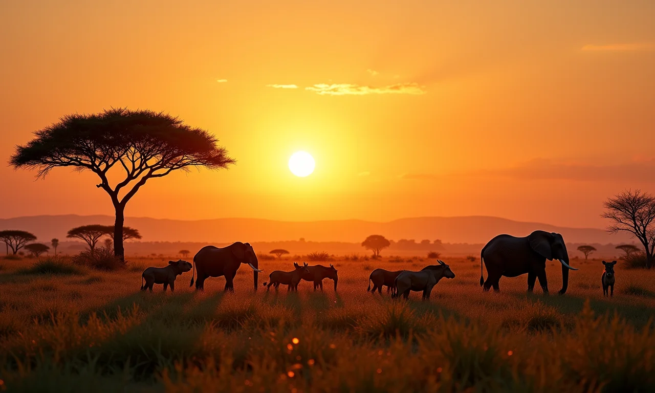 Savana africana ao pôr do sol com vida selvagem.