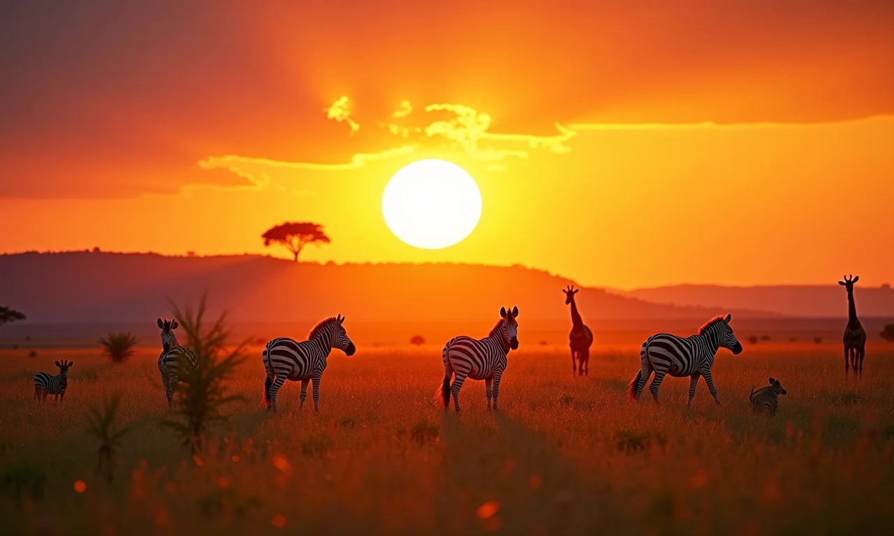 Savana africana ao pôr do sol com vida selvagem.