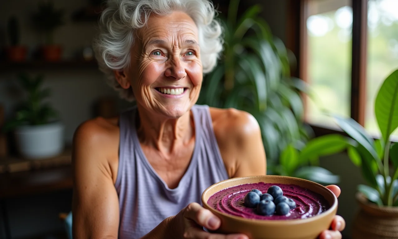 Senhora brasileira com energia, saboreando açaí.