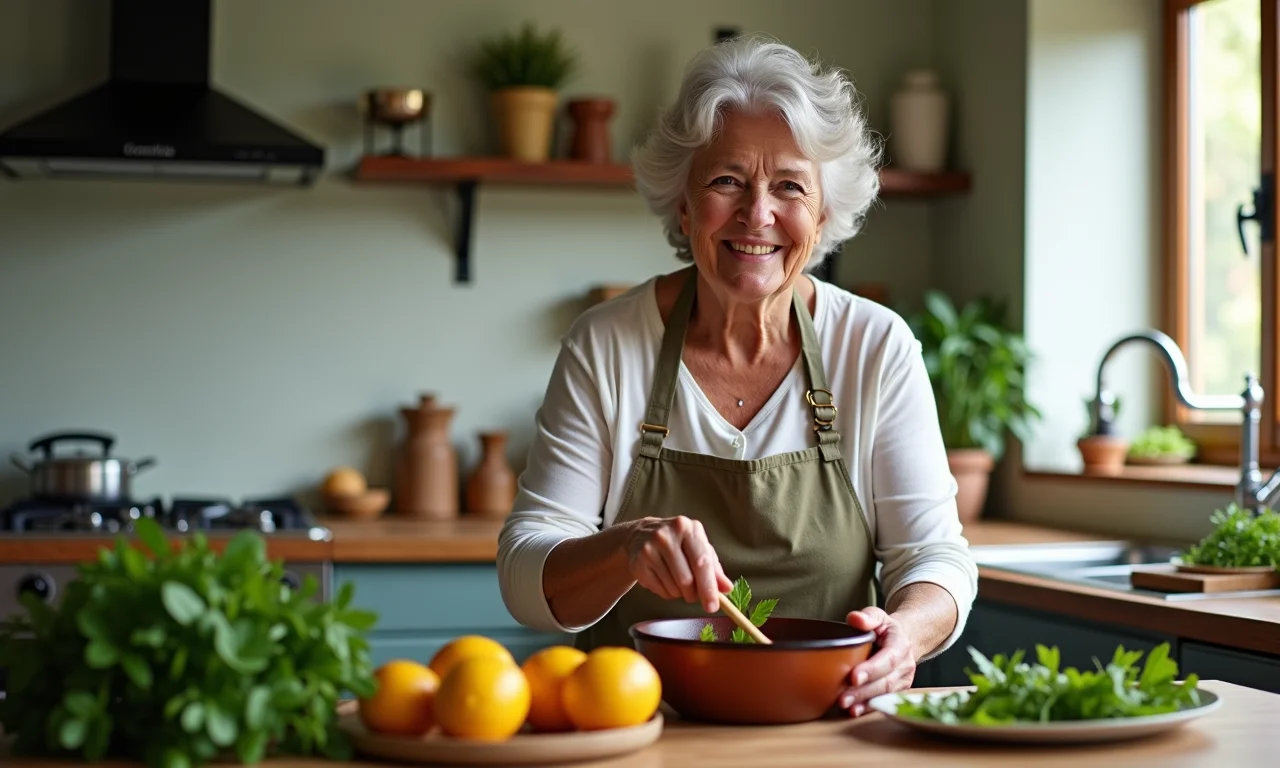 Senhora preparando sopa de folha de louro para fortalecer imunidade.
