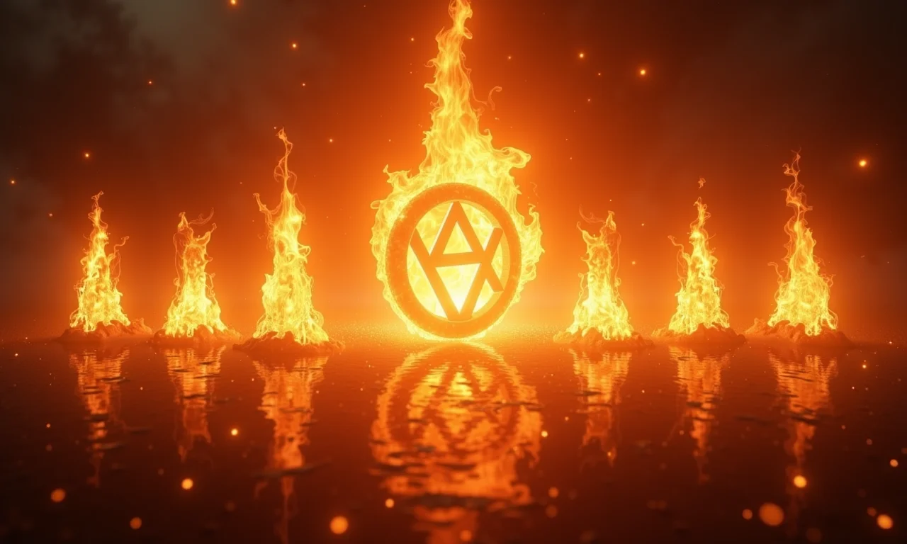 Sete chamas se fundindo em um símbolo divino, representando a plenitude e o poder divinos do Apocalipse.