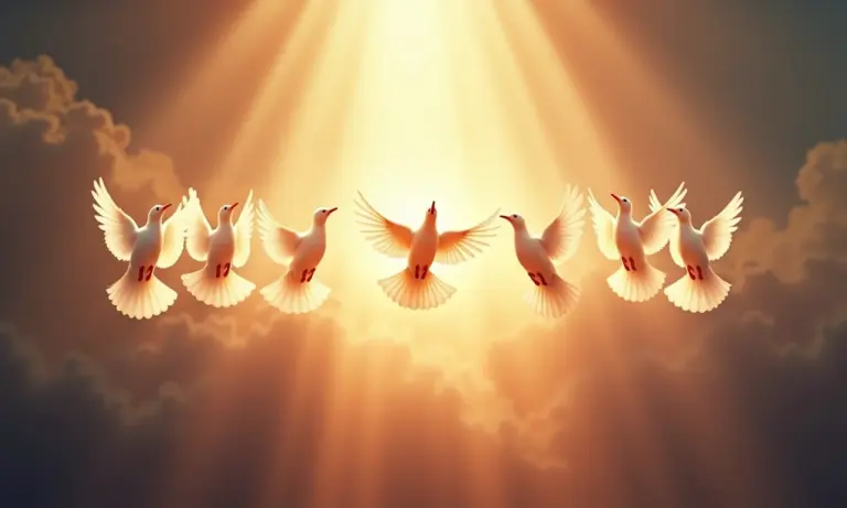 Sete pombas brilhantes ascendendo em direção a uma luz radiante, representando os sete espíritos de Deus.