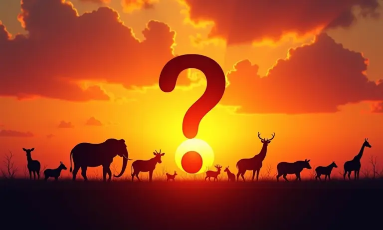 Silhuetas de animais formando um ponto de interrogação em um pôr do sol vibrante.