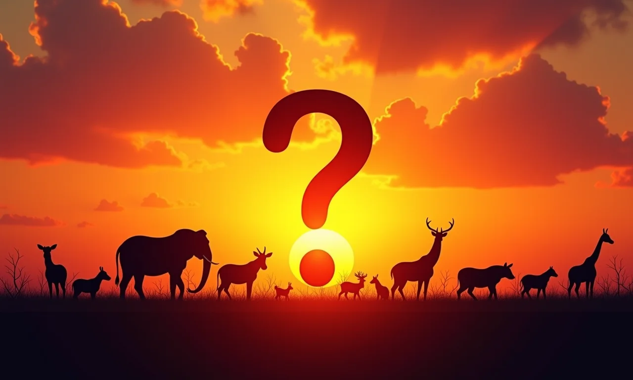 Silhuetas de animais formando um ponto de interrogação em um pôr do sol vibrante.